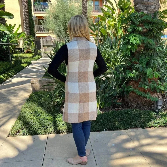 Open Front Sweater Vest Plaid Long Cardigan Heather Brown With Pockets Large - Picture 5 of 11